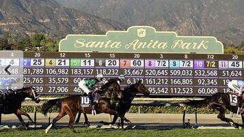 A horse race at Santa Anita Park with jockeys and horses in motion.