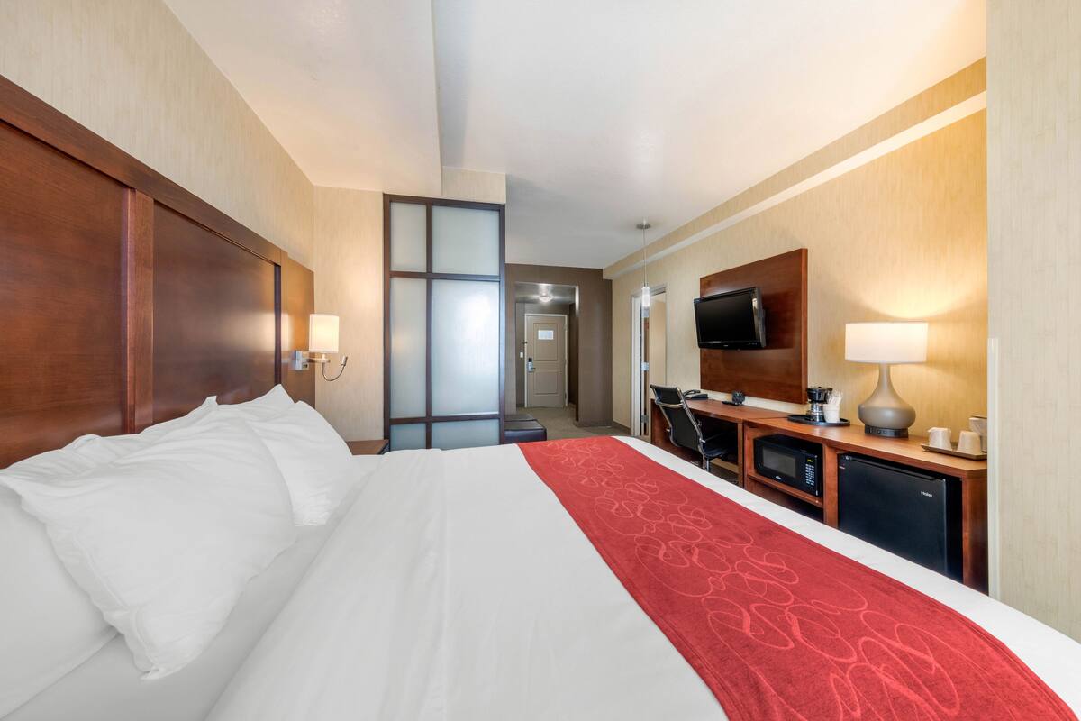 A hotel room with a large bed, a desk with a computer, a microwave, and a television.