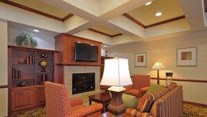 A hotel lobby with a fireplace, seating area, television, and decorative shelves.