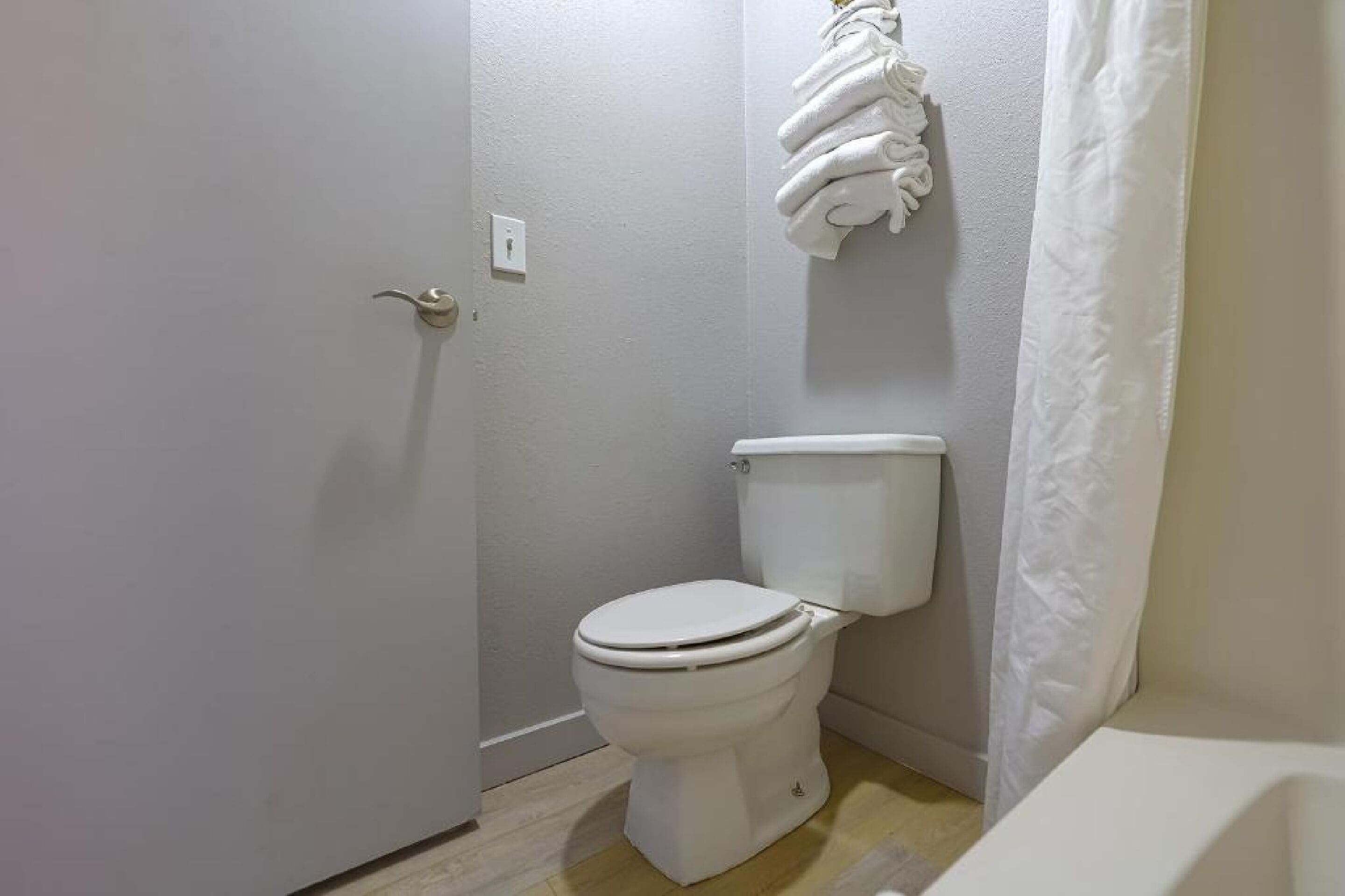 Et lille, rent badeværelse med et hvidt toilet, et håndklædeholder og en bruseforhæng.