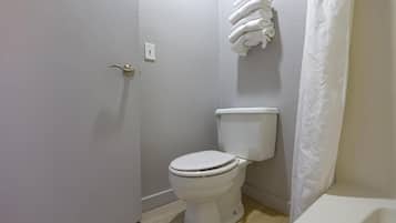 Et lille, rent badeværelse med et hvidt toilet, et håndklædeholder og en bruseforhæng.