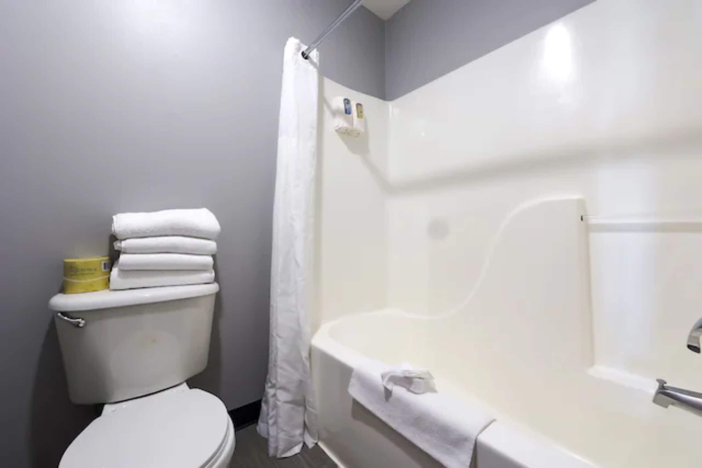 A bathroom with a toilet, a bathtub, and a shower curtain.