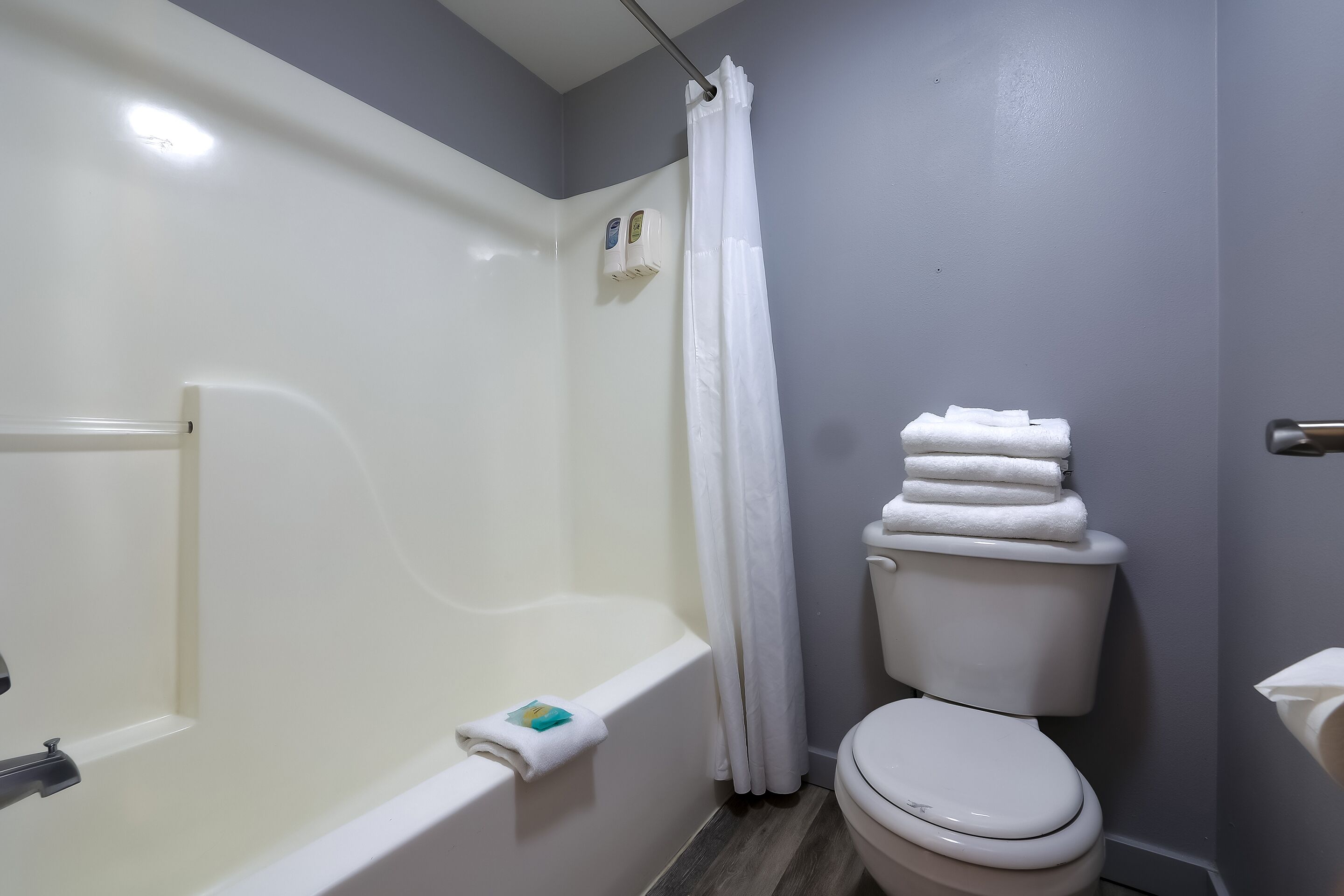 A bathroom with a bathtub, toilet, and hand soap dispensers.