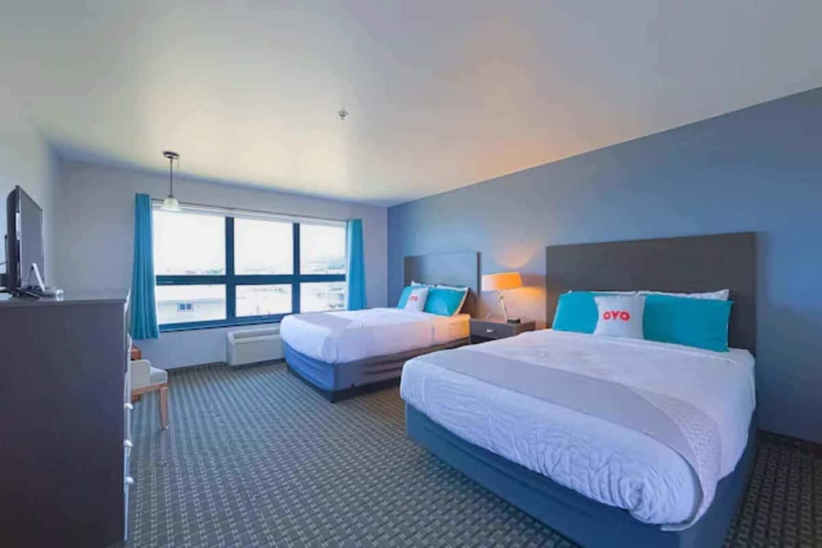 Une chambre d’hôtel avec deux lits, un bureau, une chaise, une fenêtre donnant sur un beau paysage et une télévision.