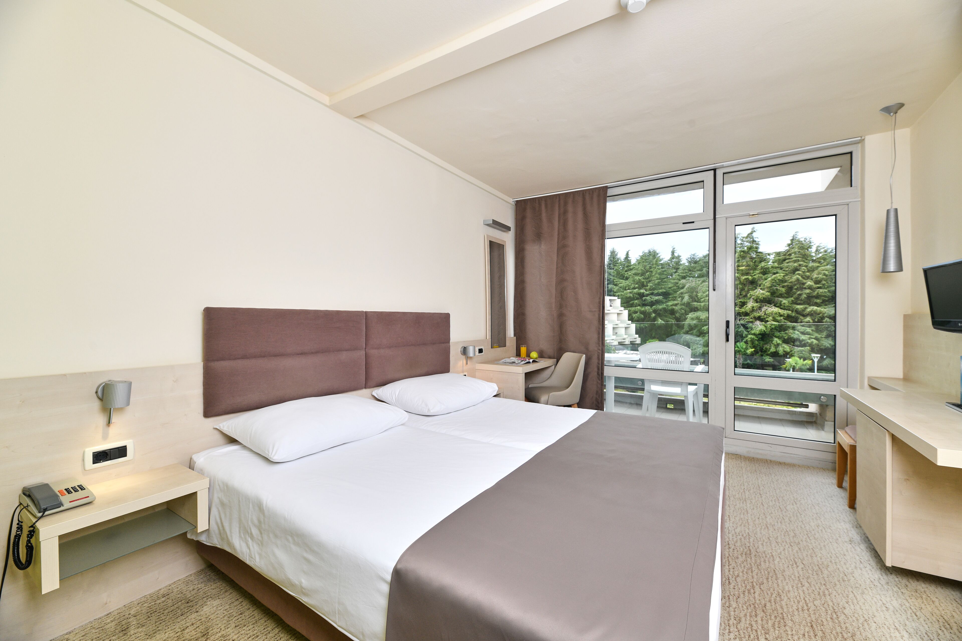Hotelkamer met een groot bed, een bureau, een stoel, een televisie en een raam met uitzicht op bomen.