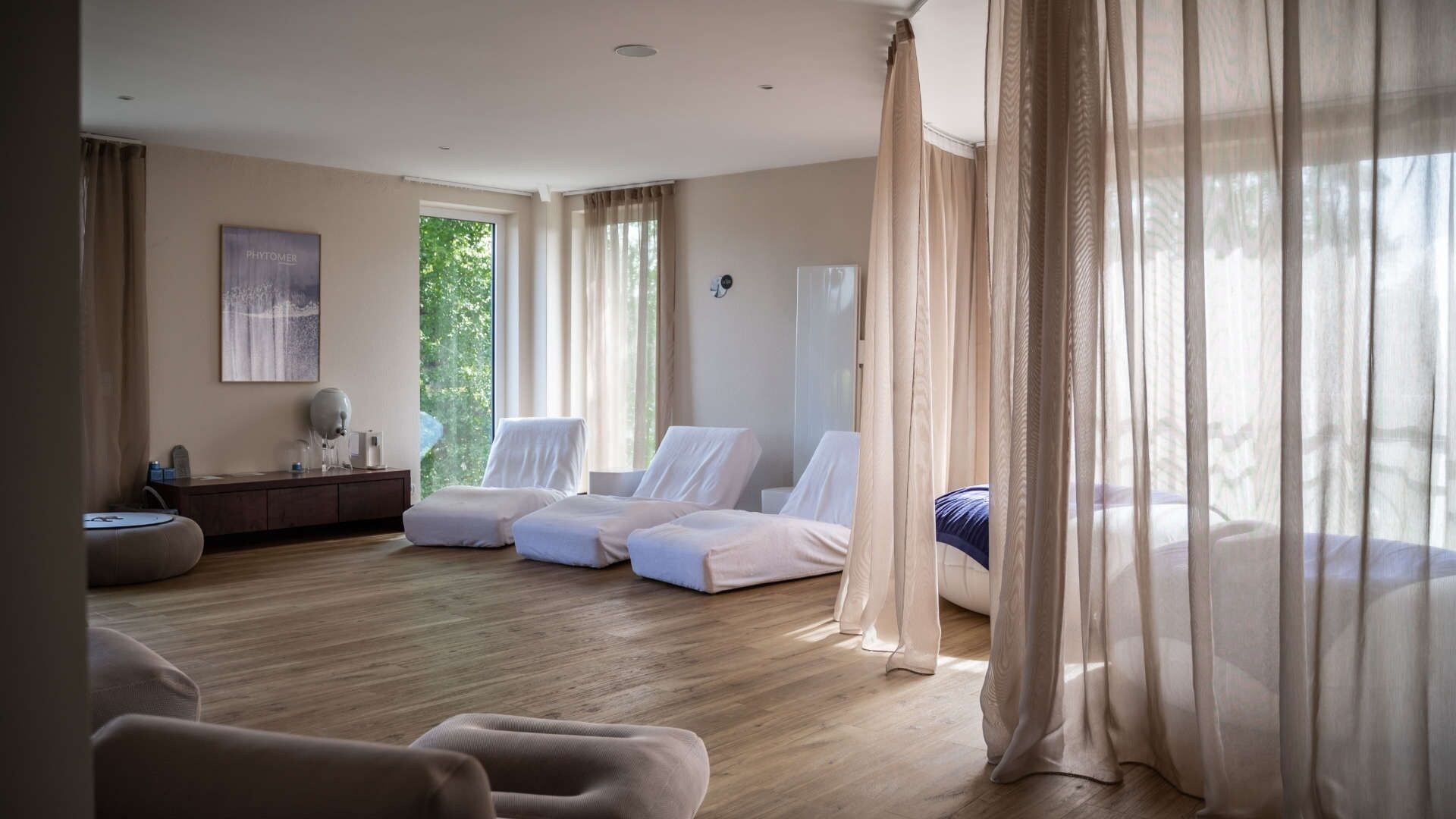 A room with a wooden floor, a sofa, a bed with a blue headboard, and sheer curtains.