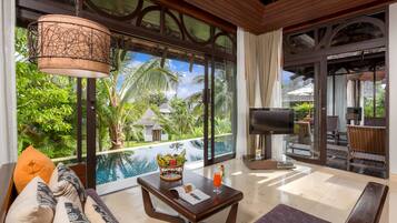 Two Bedroom Pool Villa | In-room safe, desk, blackout drapes, iron/ironing board