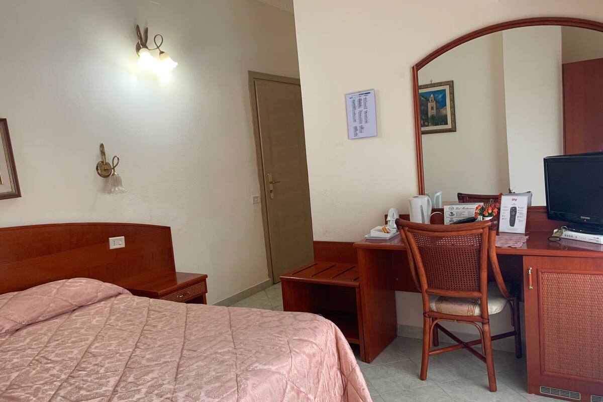 A hotel room with a bed, a desk with a chair, a television, and a mirror.