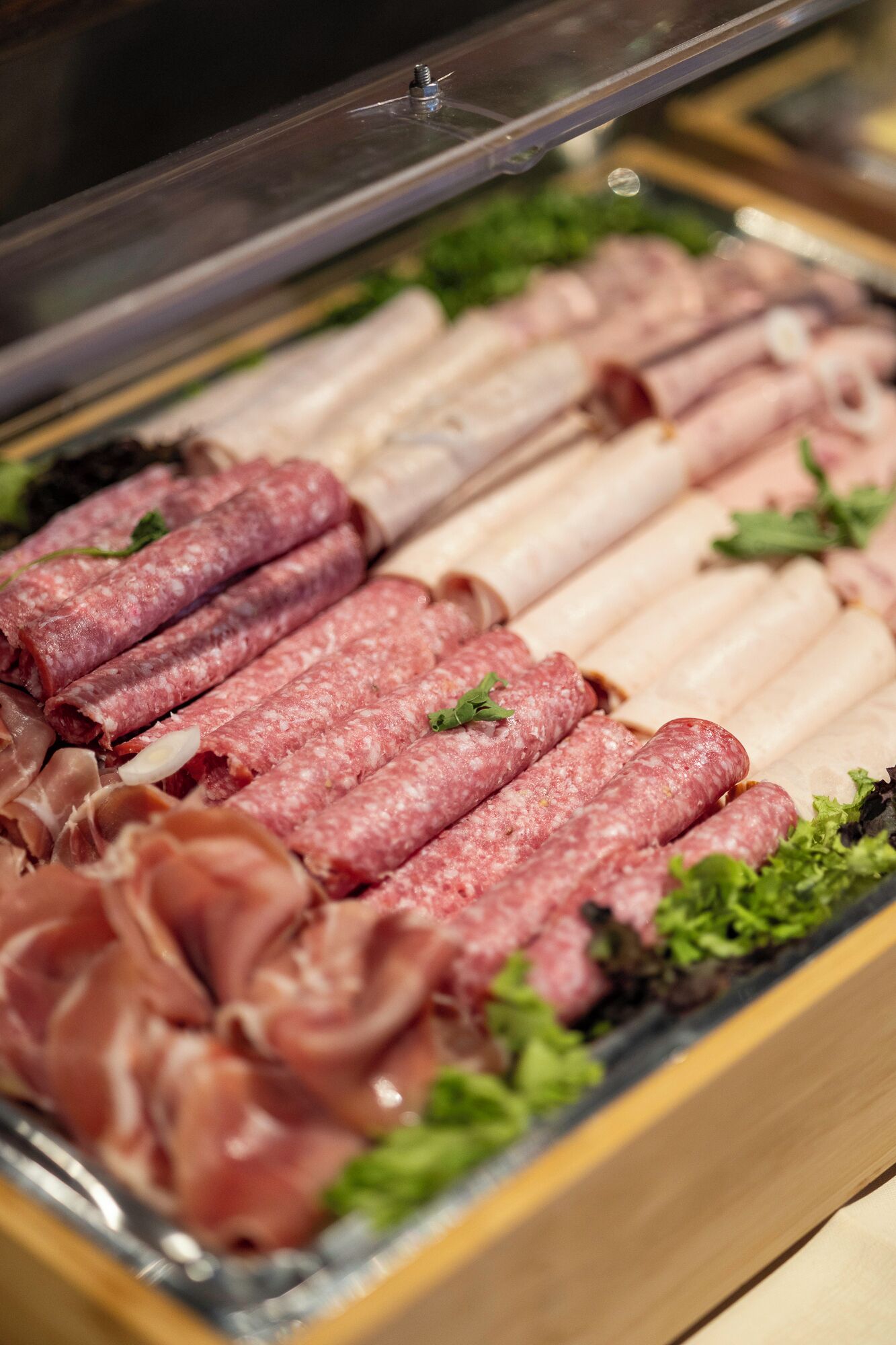 A variety of cured meats displayed in a deli case.