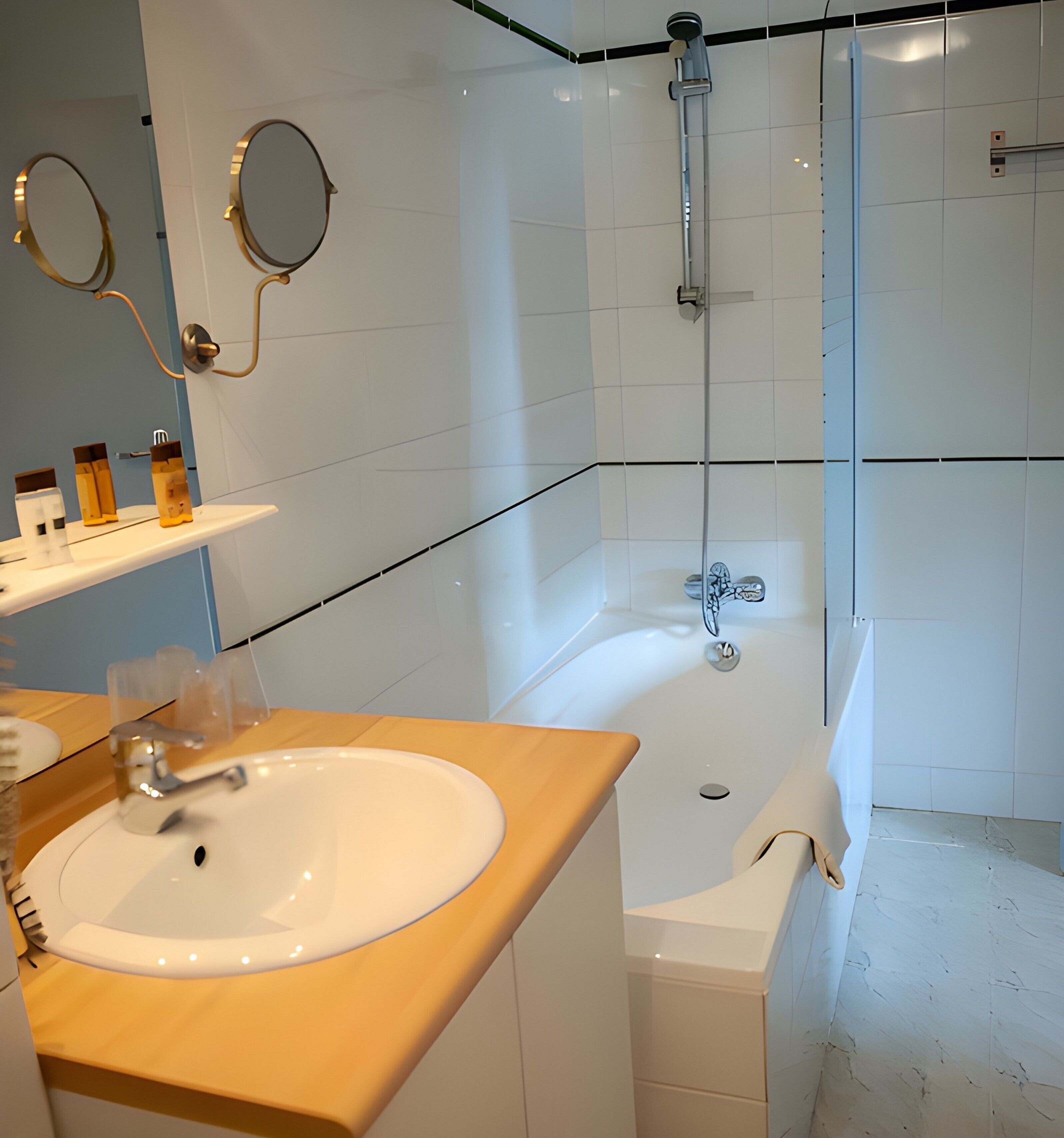 A modern bathroom with a white sink, a bathtub, a shower, and a mirror with a gold frame.