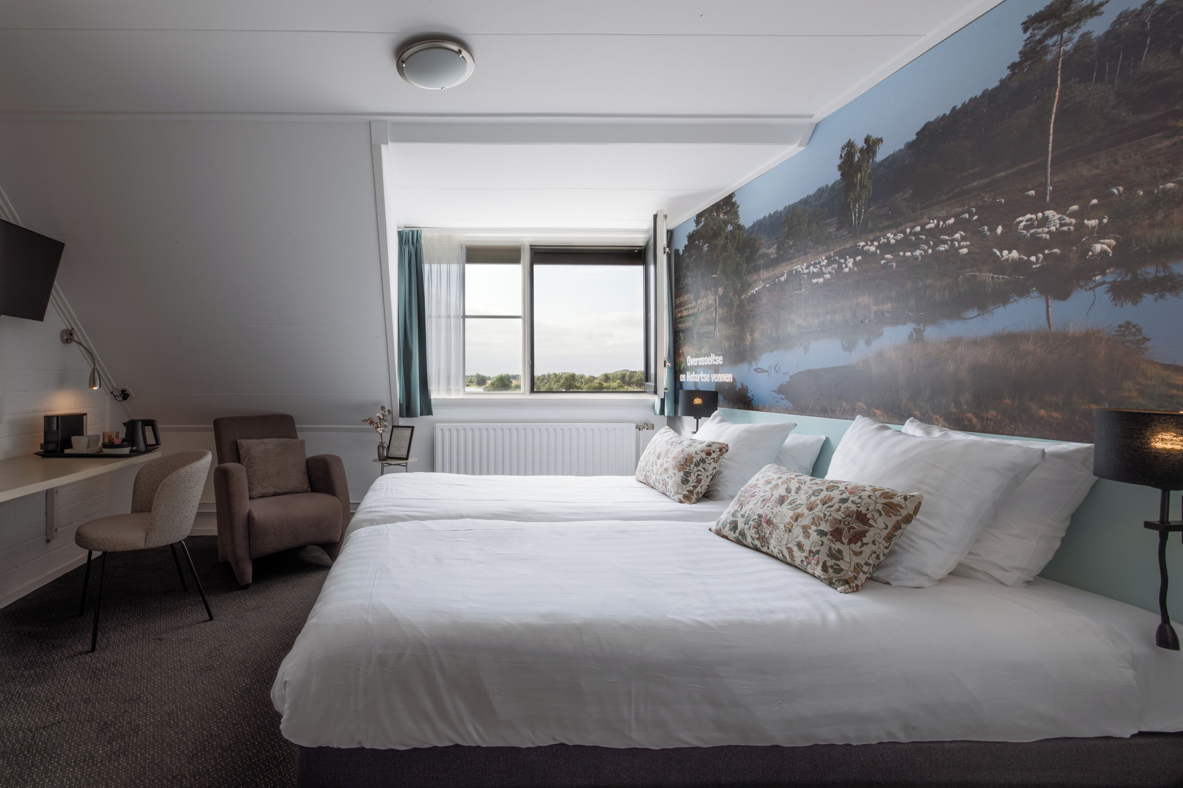 Dobbeltrom – standard, hageutsikt | Skrivebord, skrivebord for bærbar PC og blendingsgardiner