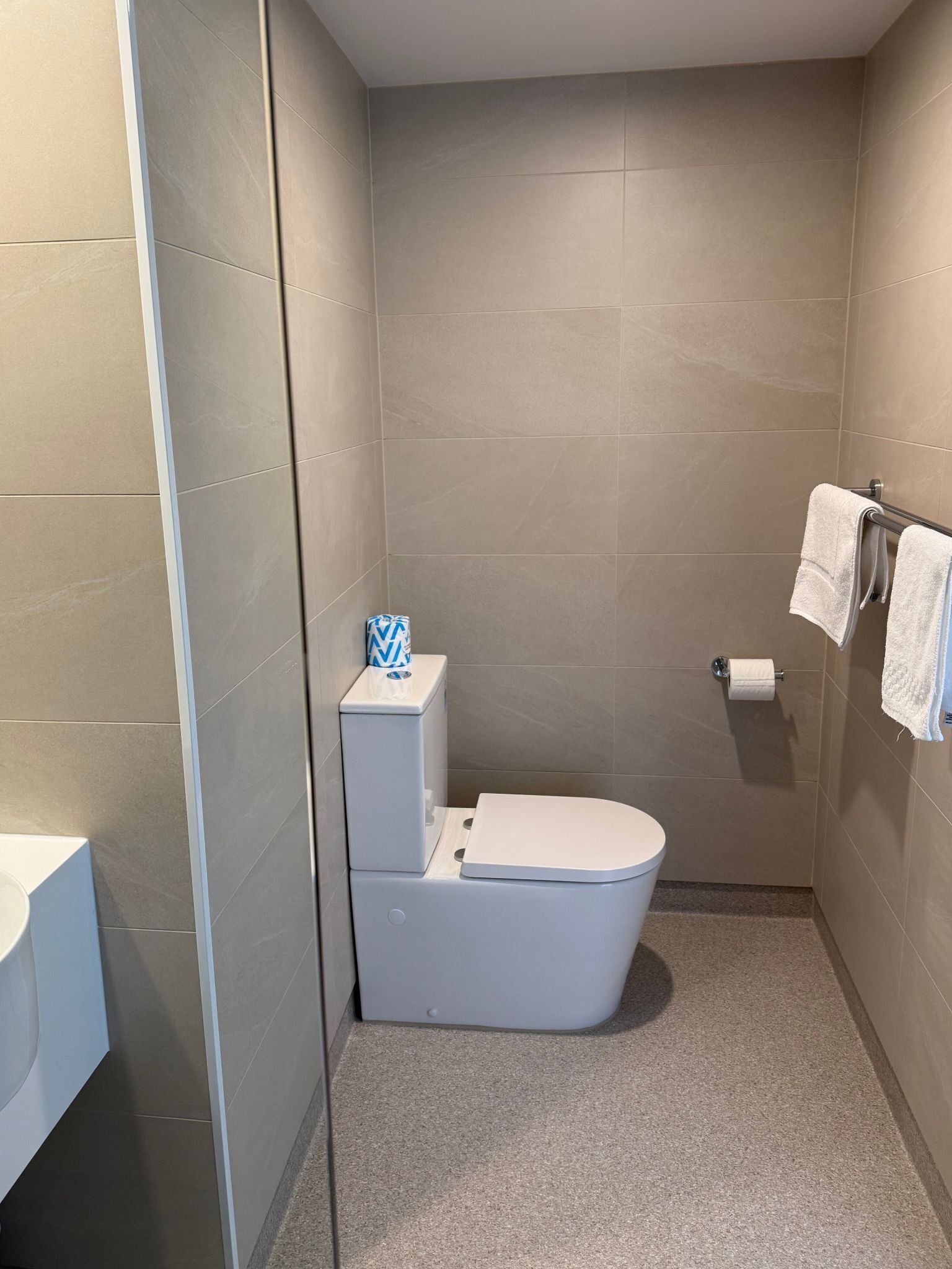 Ein kleines, modernes Badezimmer mit Toilette, Toilettenpapierhalter und Handtuchhalter.
