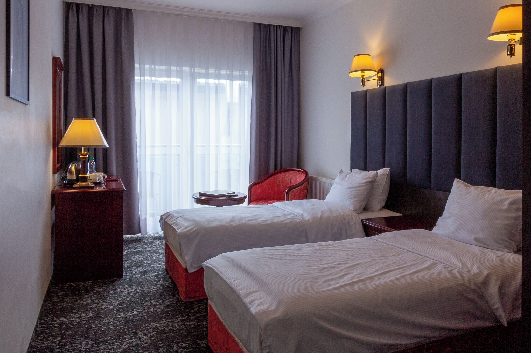 twin room | in-room safe, desk, laptop workspace, blackout curtains