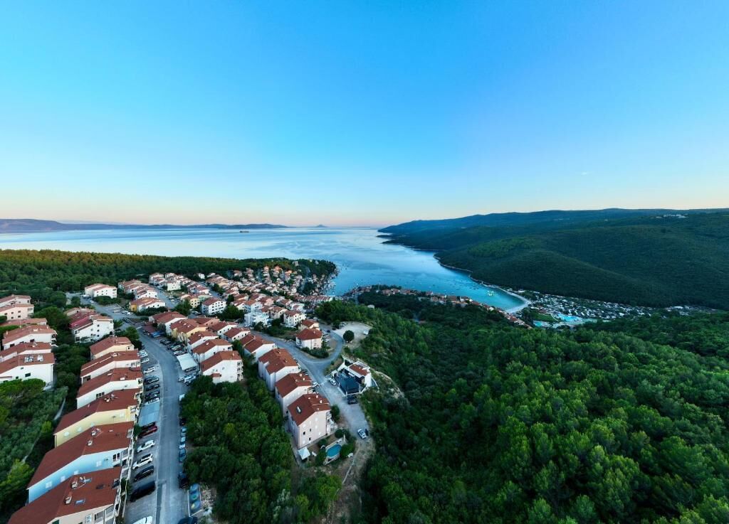 An aerial view of a coastal residential area with houses and a marina.