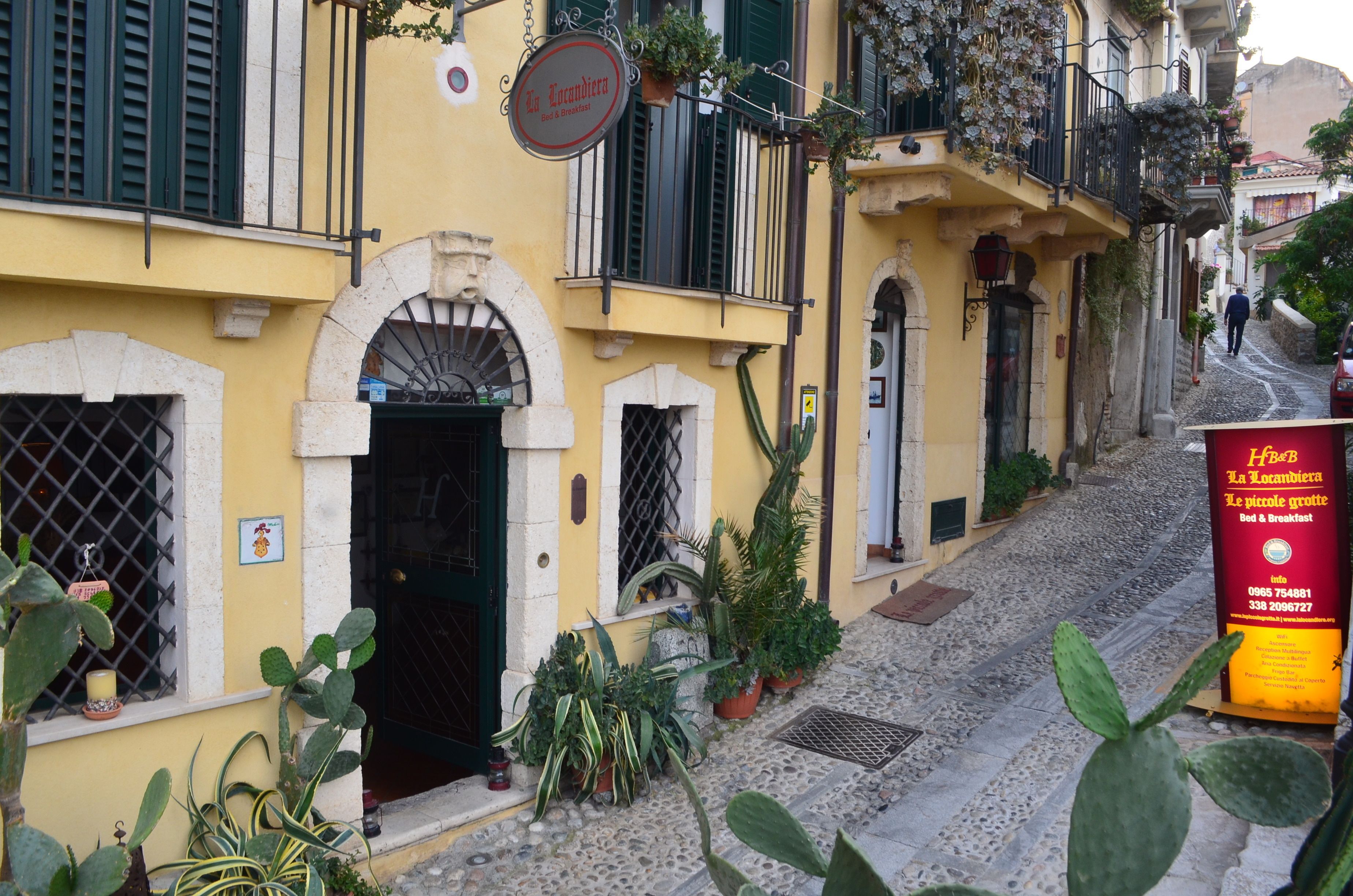A narrow cobblestone street with yellow buildings, a visible door, and potted plants.