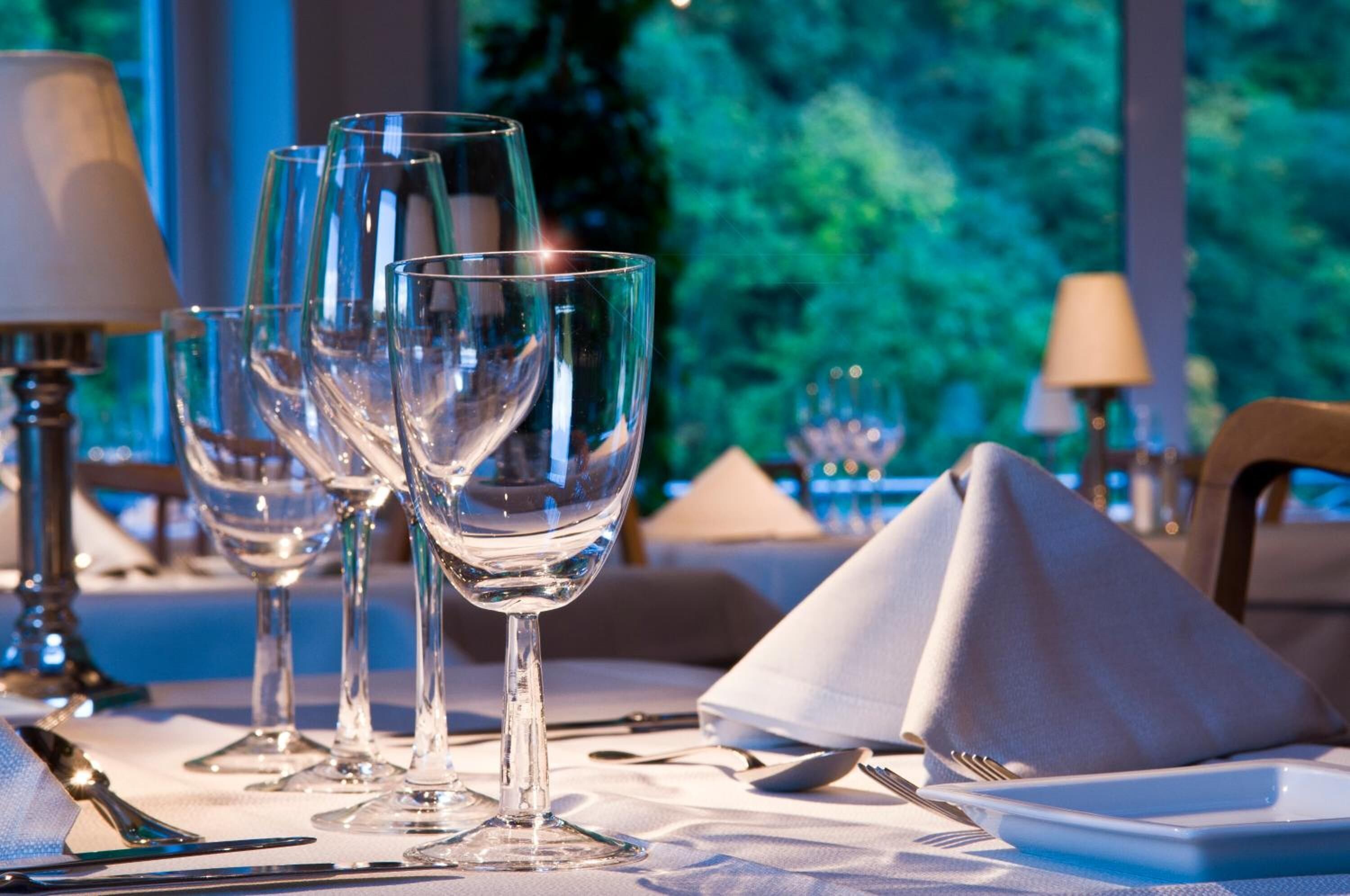 Una mesa dispuesta con copas de vino, cubiertos y una servilleta, con vistas a la vegetación al fondo.