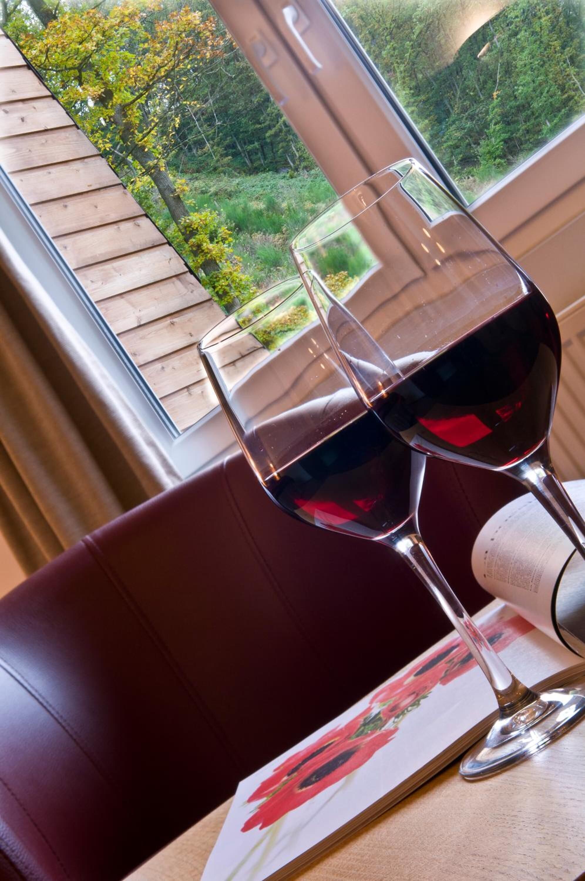 Deux verres à vin sont posés sur une table près d’une fenêtre donnant sur des arbres et une terrasse en bois.