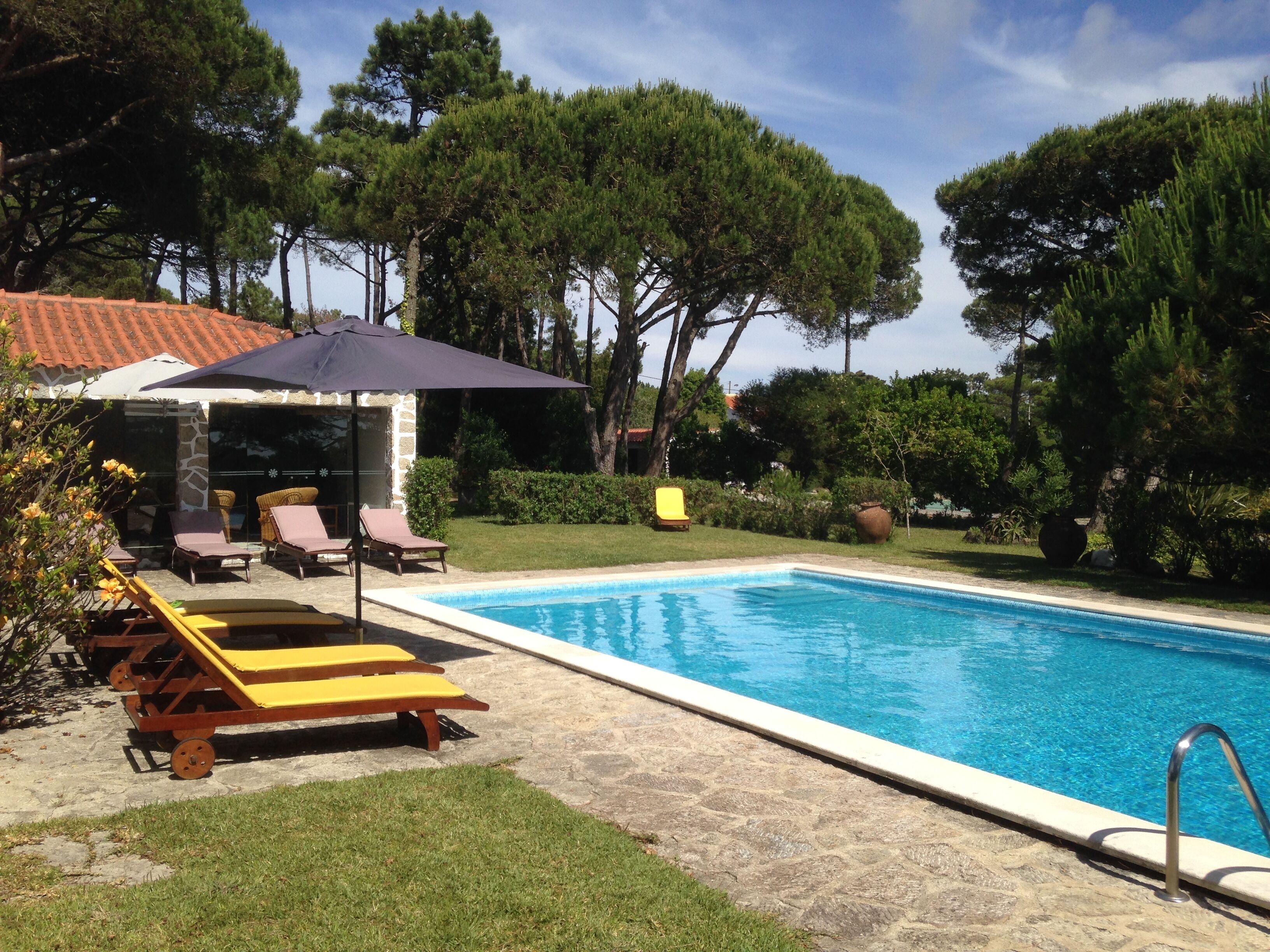 Una piscina al aire libre, sombrillas, sillones reclinables de piscina