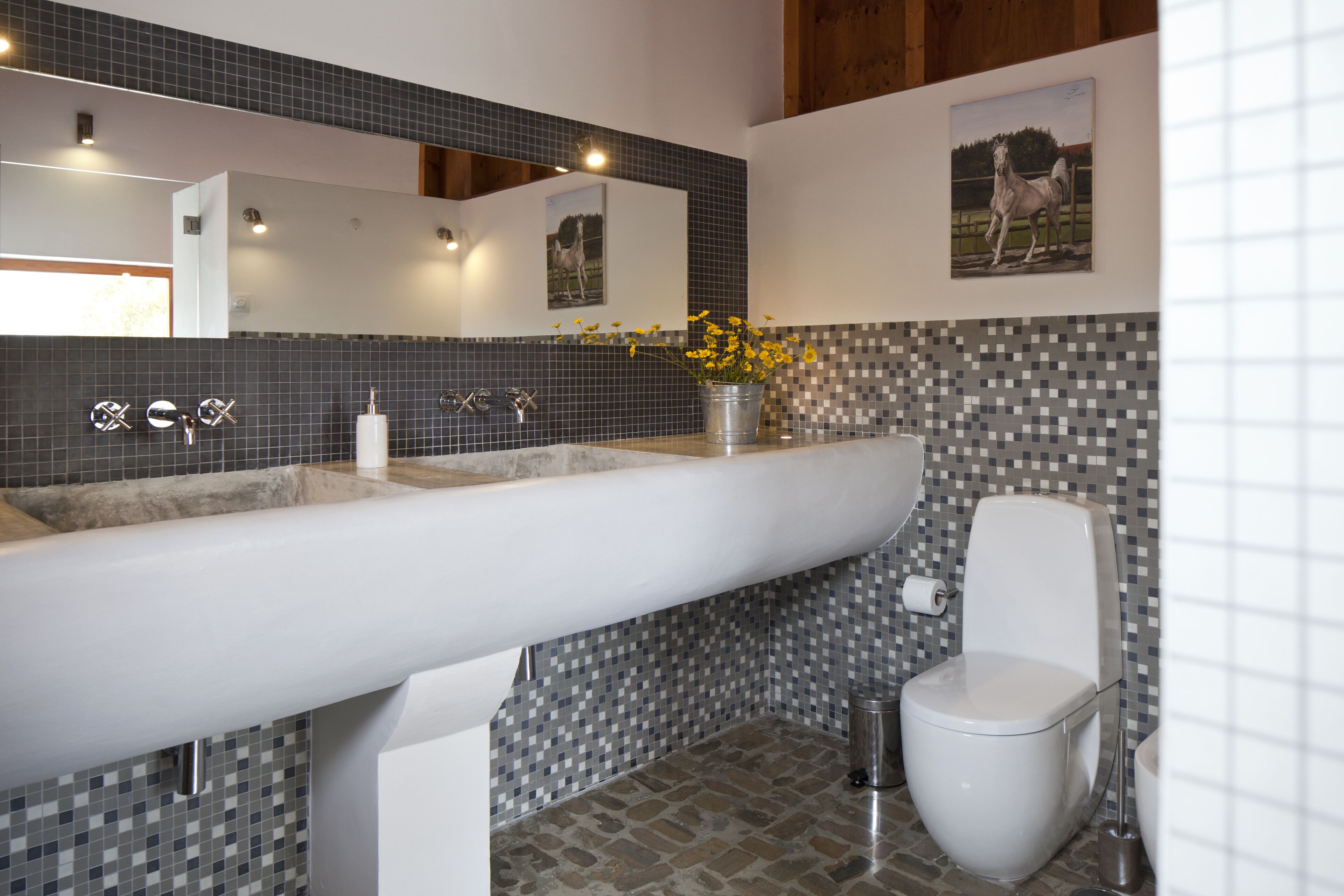 Un baño moderno con un lavamanos grande, un inodoro y un espejo.