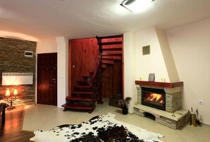 Flat-screen TV, fireplace, video game console, DVD player