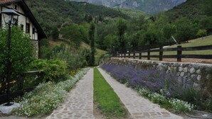 Un chemin de pierre traverse un jardin où poussent de la lavande et des fleurs blanches, de part et d’autre se dressent une clôture en bois et un bâtiment dont le toit est recouvert de tuiles.