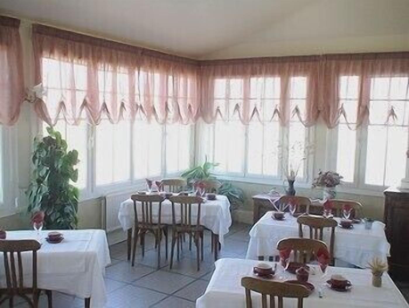 Un comedor con varias mesas y sillas, ventanas amplias con cortinas y plantas en macetas.