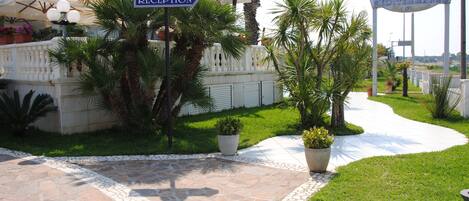 A reception area with a stone pathway, palm trees, and a sign for Hotel Mediterraneo.