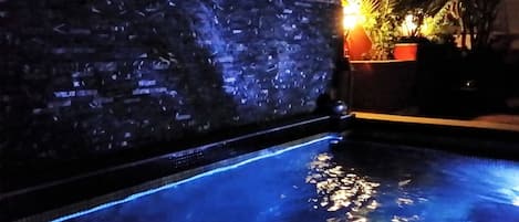 A swimming pool with a dark, textured wall and a small plant area with a light source.