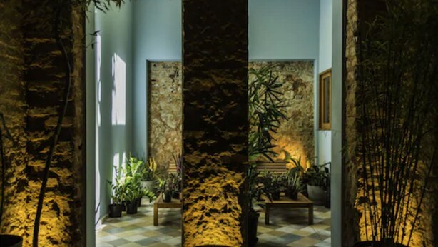 Un vestíbulo con suelo a cuadros, paredes de piedra y plantas en macetas.