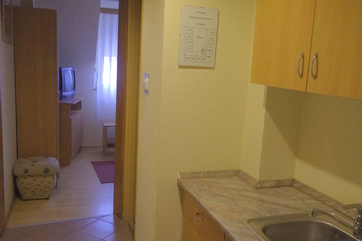 Una cocina compacta con armarios de madera, un lavamanos empotrado y una pequeña encimera.