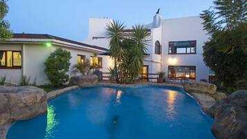 Outdoor pool, pool umbrellas, pool loungers