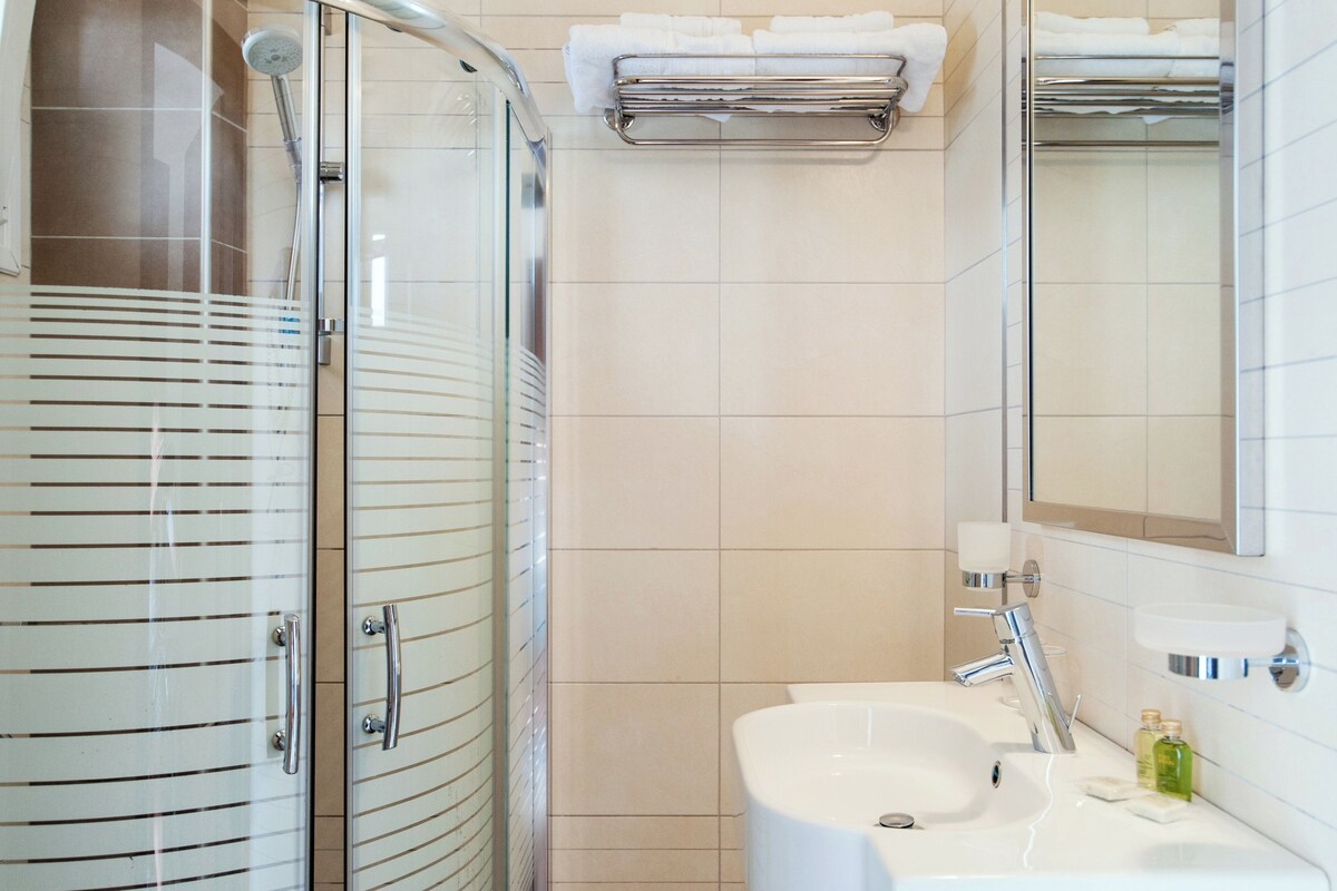 A bathroom with a glass shower enclosure, a white sink, and a mirror above the sink.
