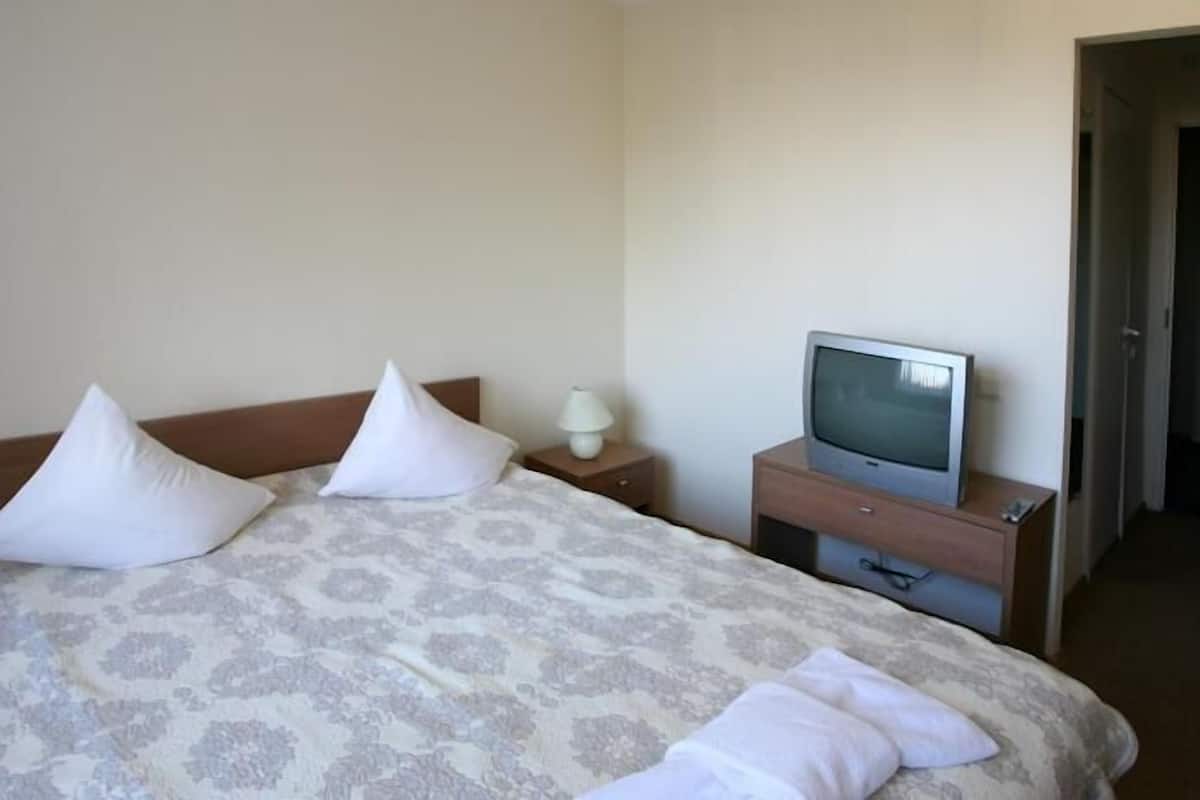 Une chambre d’hôtel avec un lit, un téléviseur posé sur un meuble en bois, une table de chevet et une porte donnant sur une autre pièce.