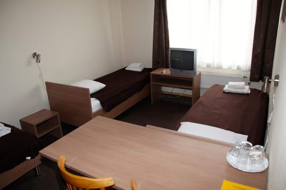 Une chambre d’hôtel avec deux lits simples, une table en bois, une chaise, un téléviseur posé sur un meuble et une fenêtre avec des rideaux.