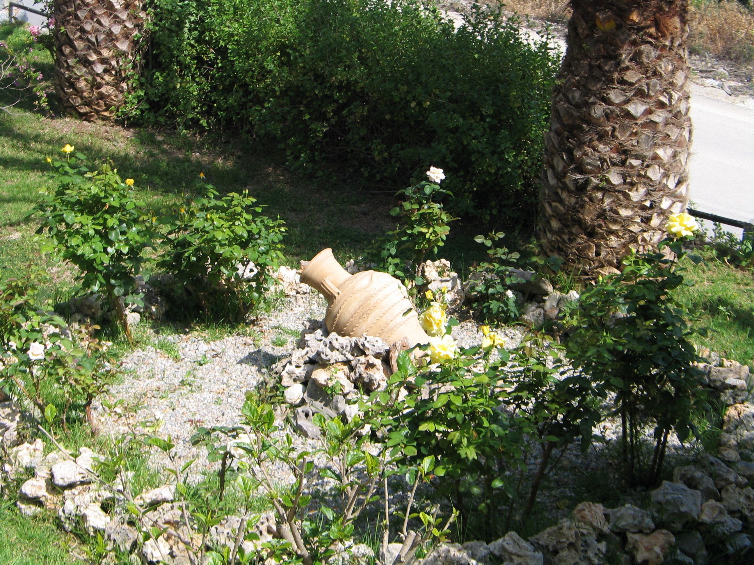 A garden with a large stone sculpture, various plants, and a palm tree.