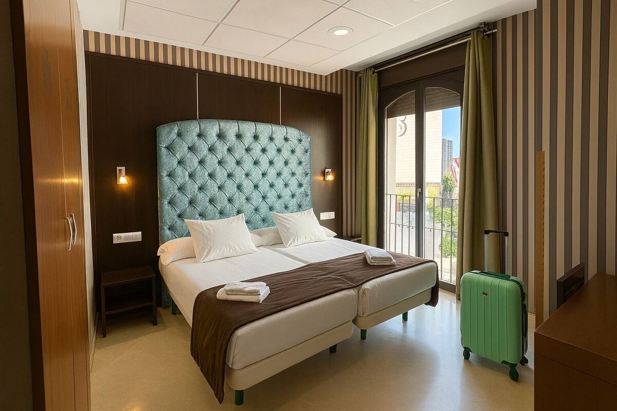 A hotel room with a large bed, a green suitcase, and a view of the city through the window.
