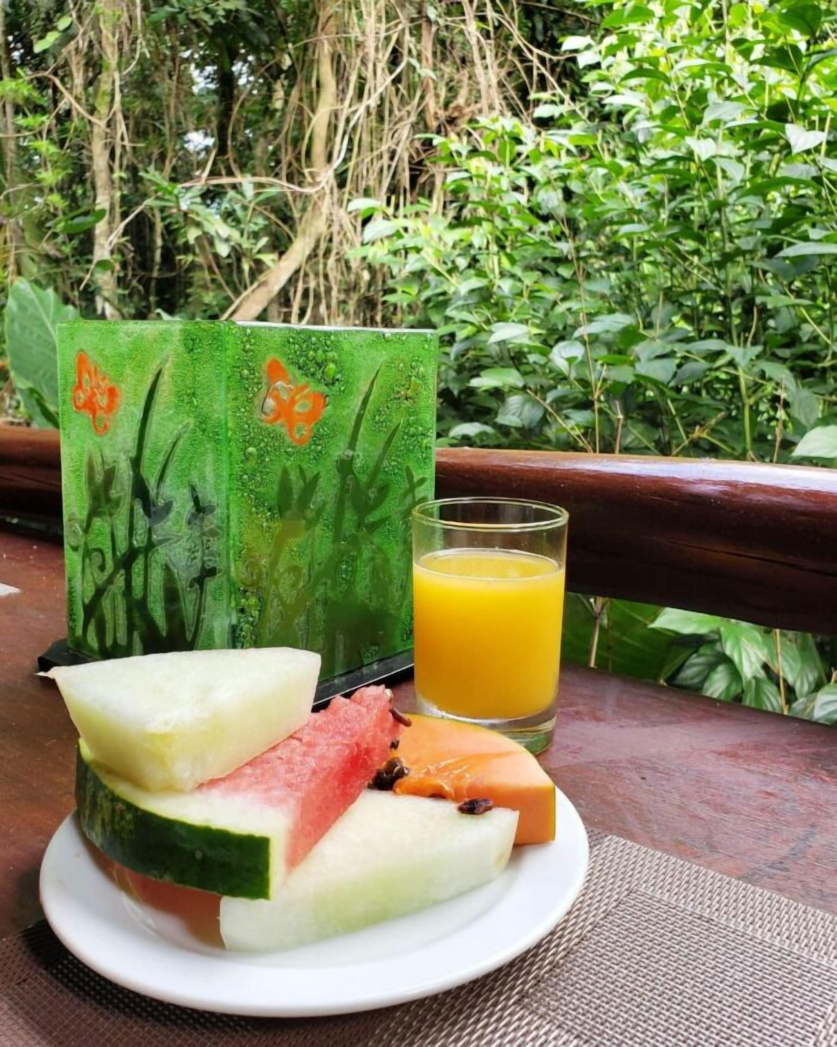 A plate with watermelon, melon, and papaya slices, a glass of orange juice, and a green bag with a floral design.