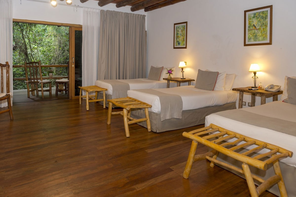 Une pièce avec un plancher en bois, trois lits, une table en bois, une chaise et une fenêtre donnant sur un paysage verdoyant.