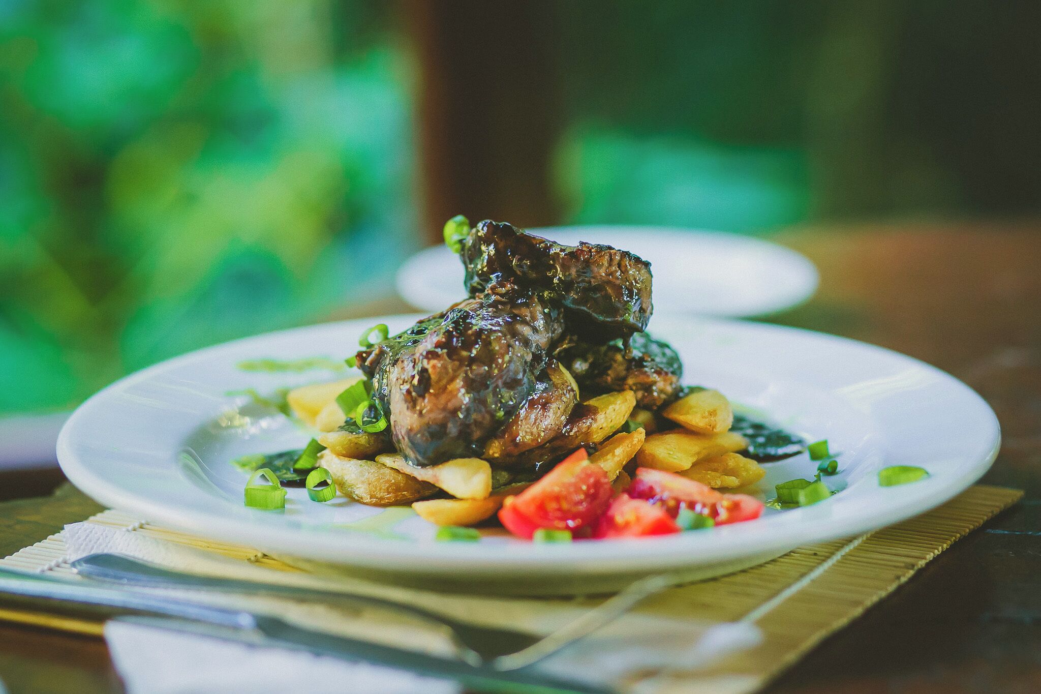 Un plato de comida con carne y papas.