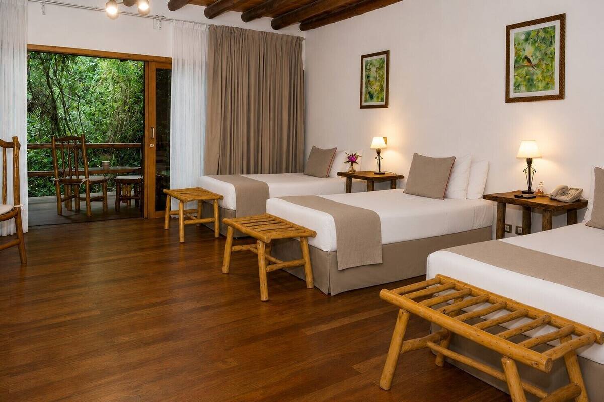 Habitación de hotel con dos camas, muebles de madera, balcón con vistas a zonas verdes y obras de arte en las paredes.
