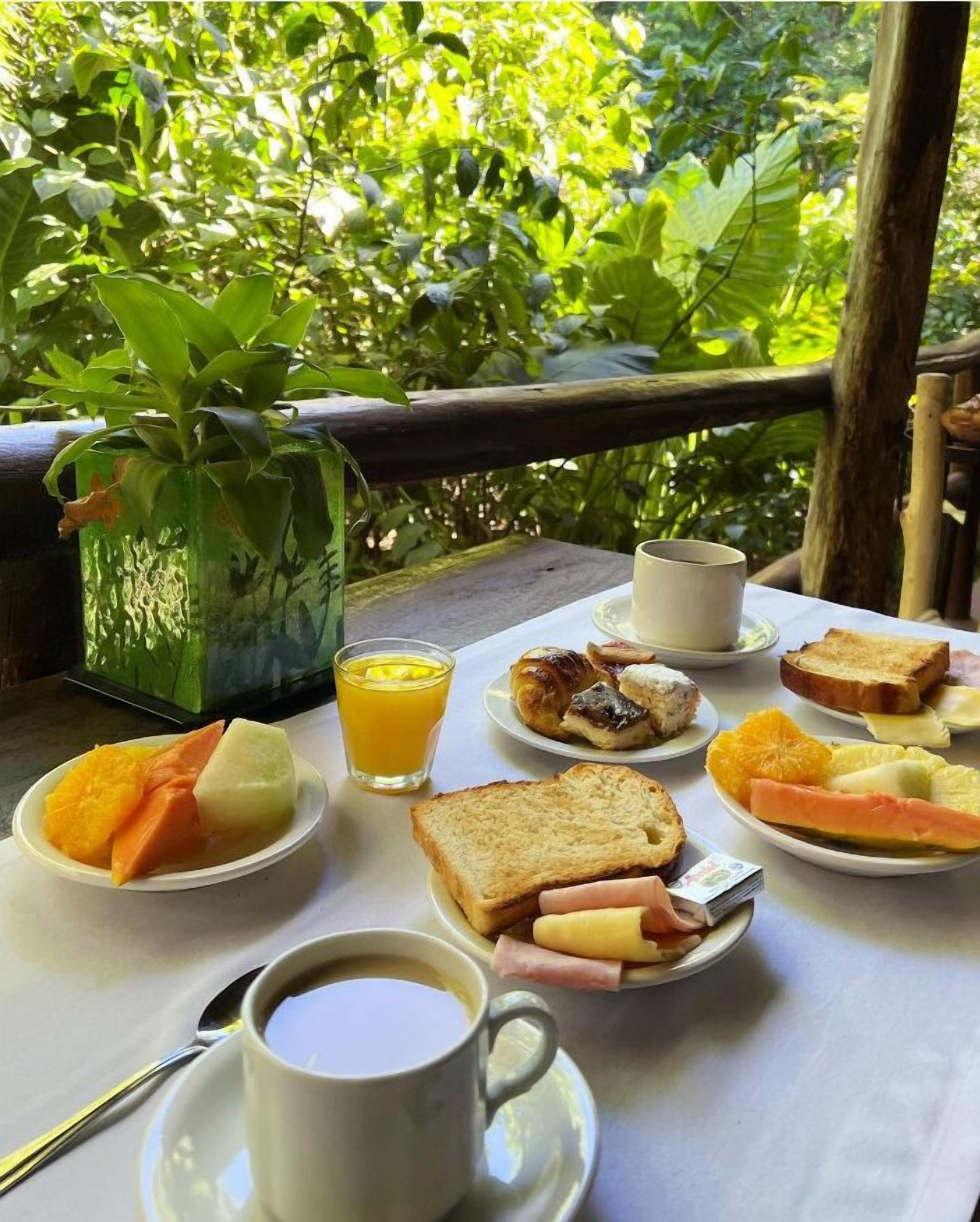 A breakfast table with plates of toast, eggs, ham, and fruit, a cup of coffee, and a glass of orange juice, set outdoors with a view of greenery.