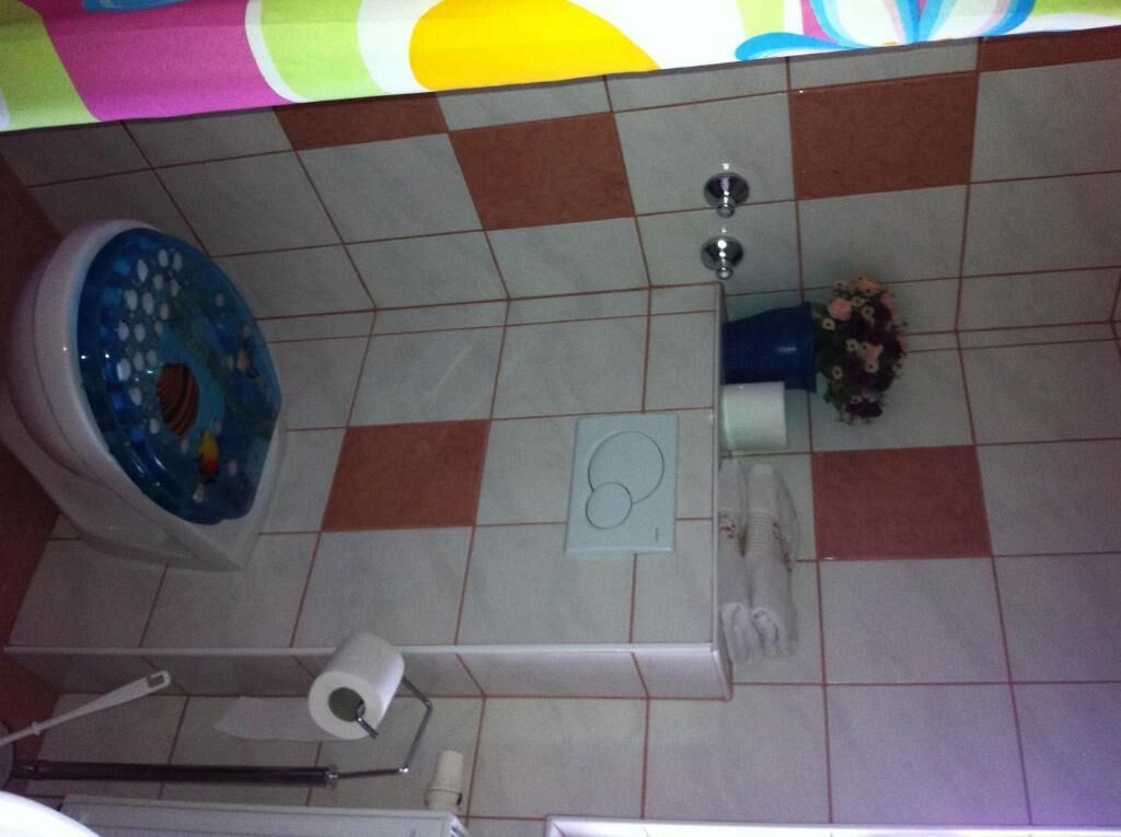 A bathroom with a blue toilet, a white sink, and a mirror.