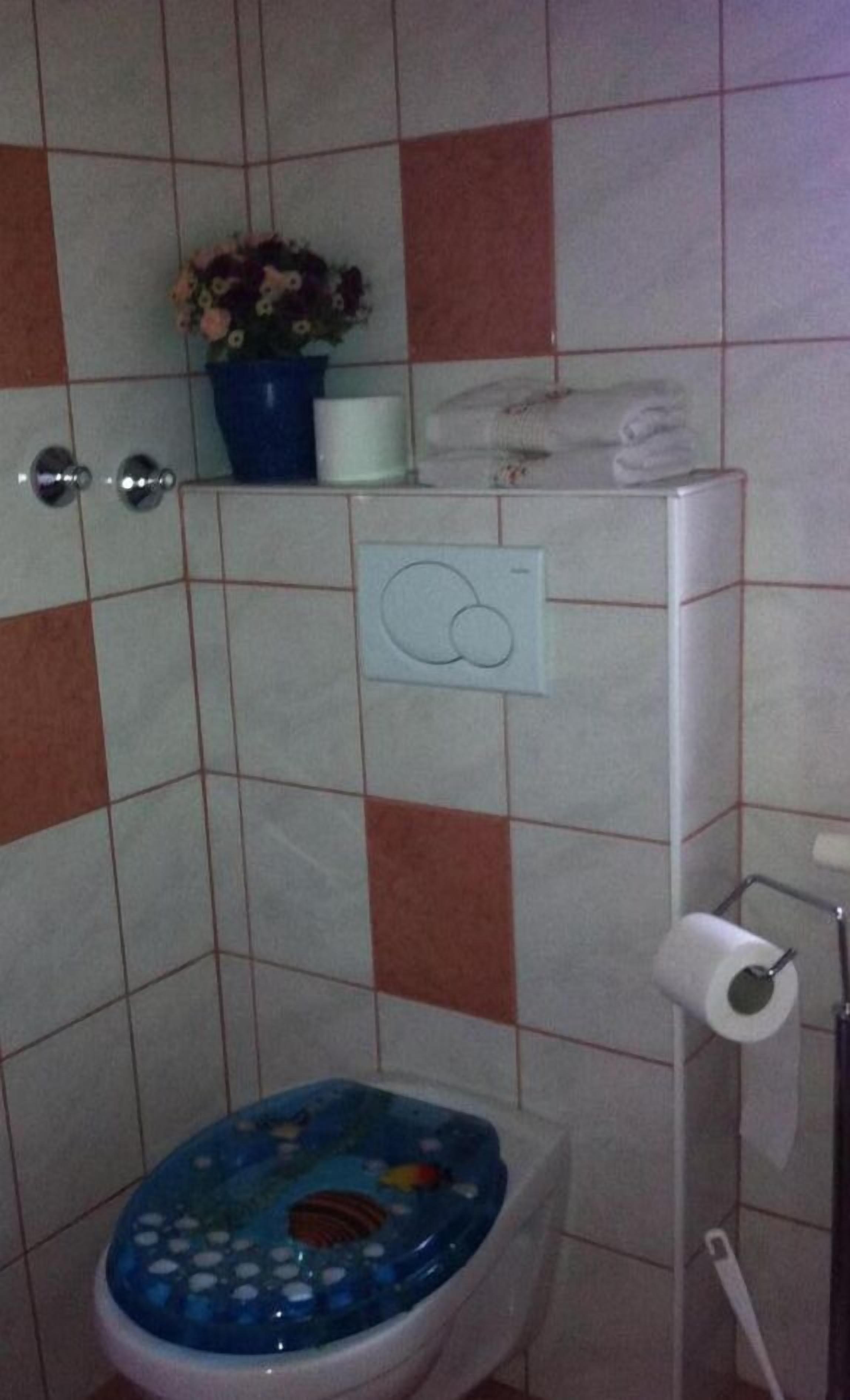 A bathroom with a toilet, a toilet paper holder, and a wall-mounted shelf with a vase of flowers.
