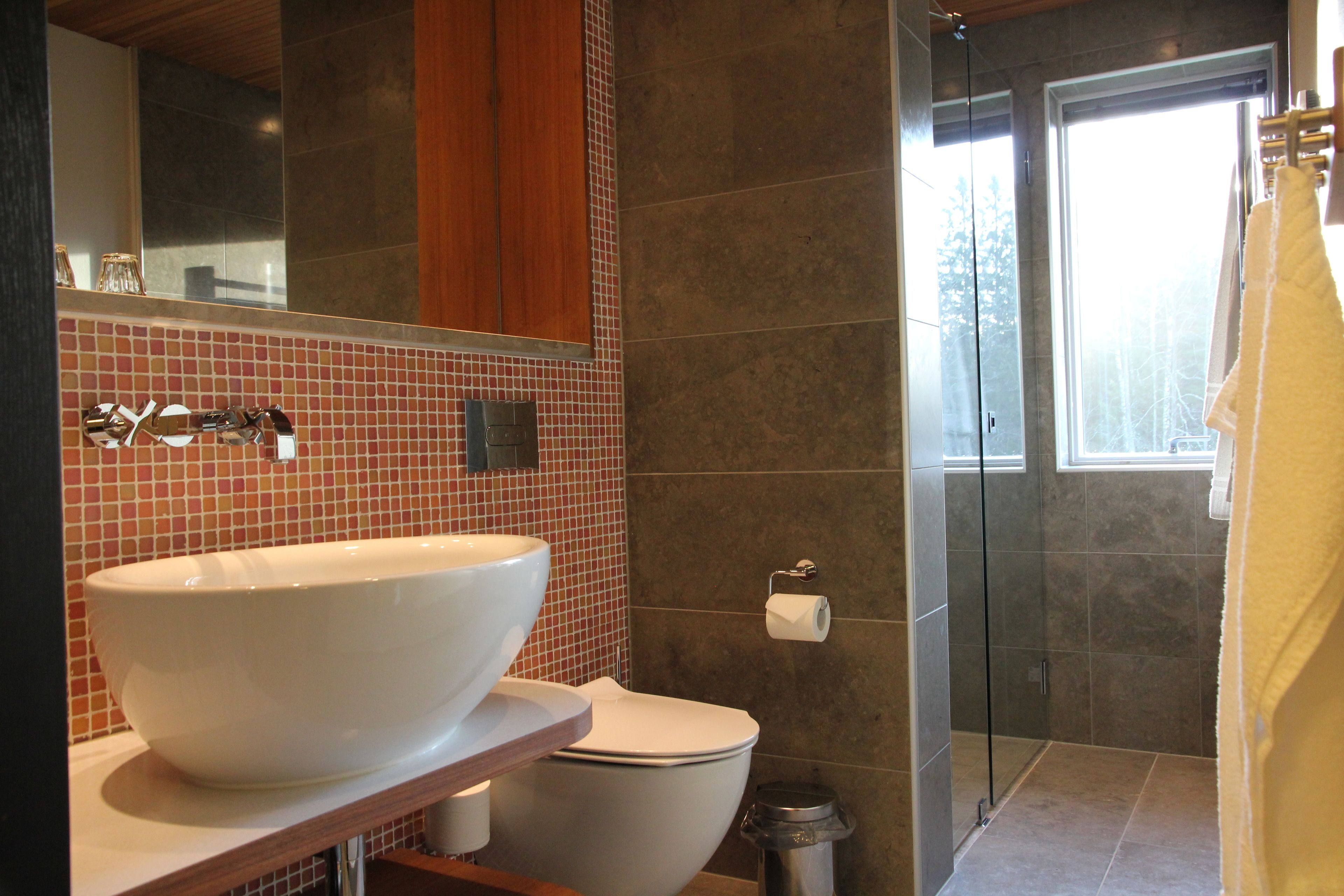 panoramic double room, 1 queen bed, patio, river view | bathroom amenities | hair dryer, towels