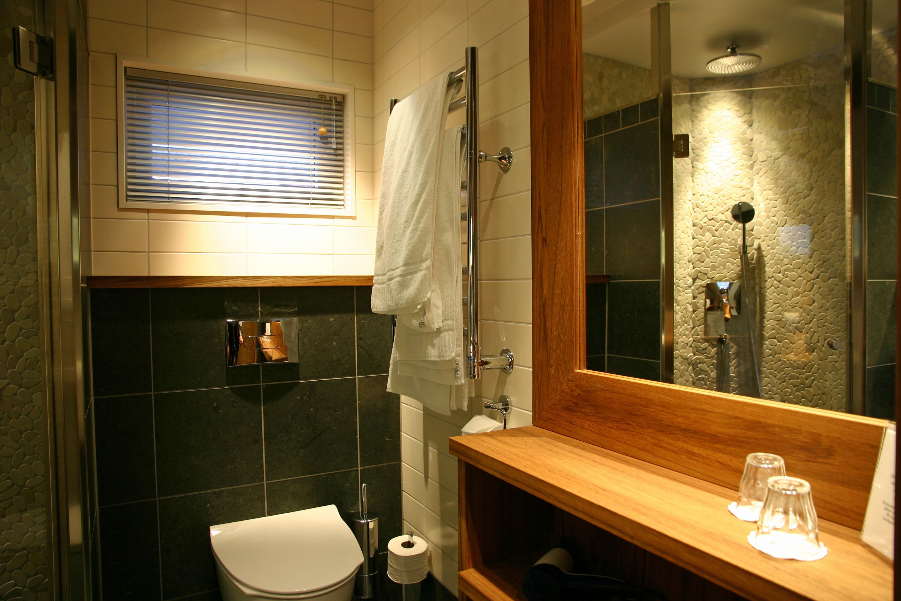 Ein Badezimmer mit Toilette, Dusche, Spiegel und einem Holzlagerfläche.