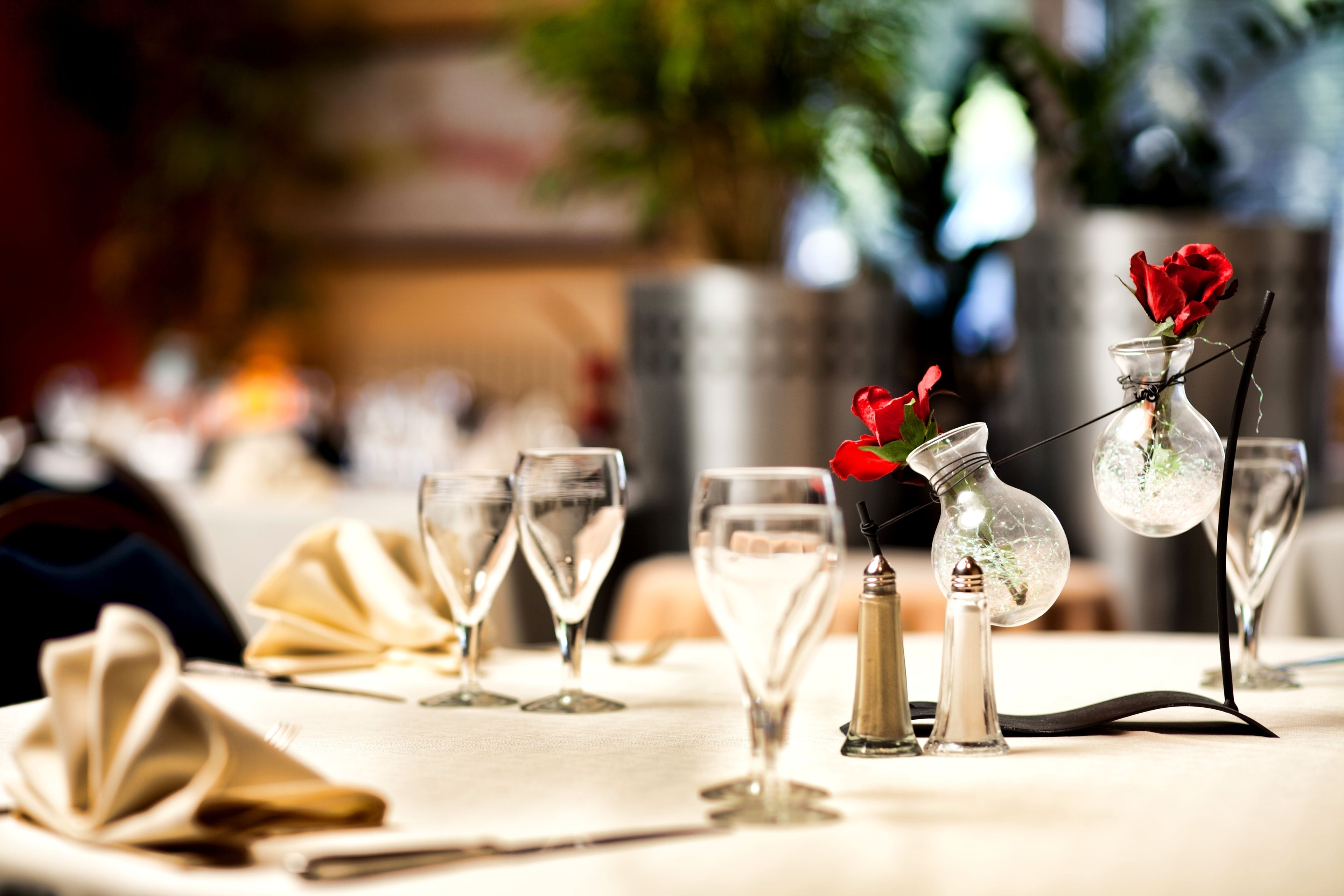 A table set with wine glasses, a salt and pepper shaker, a napkin, and a glass vase with a red rose.