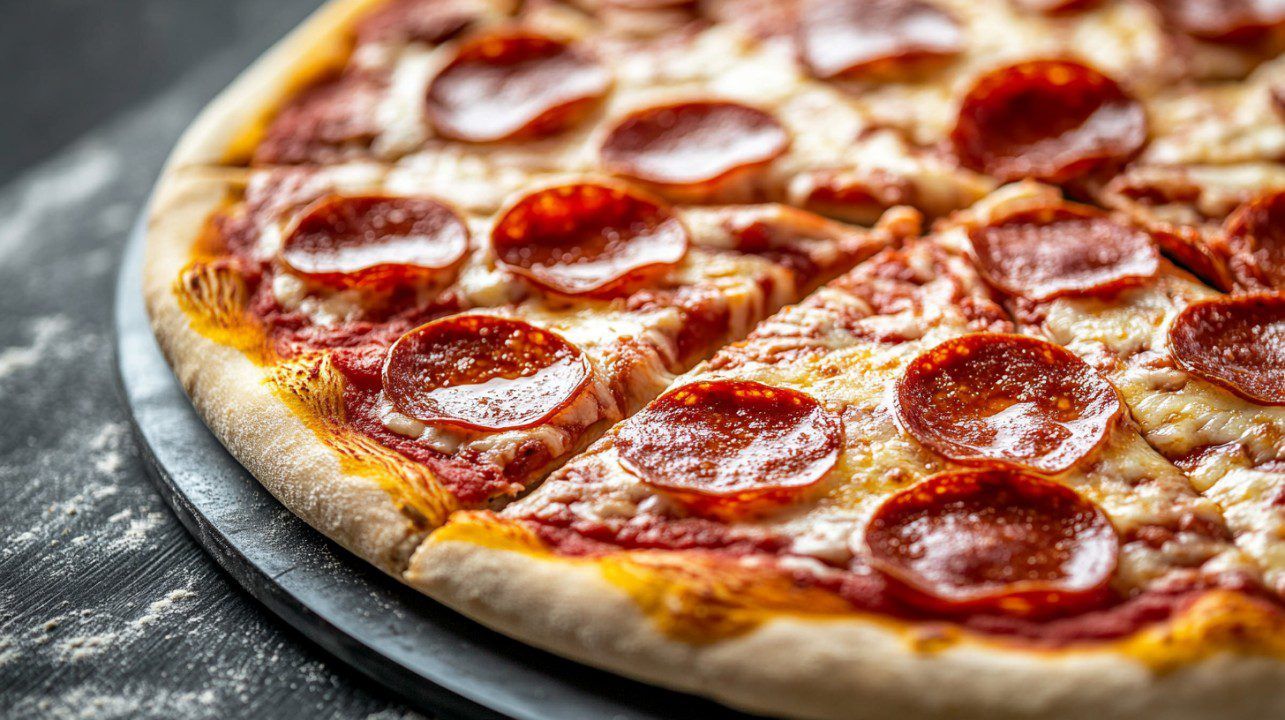 Pizza met pepperoni op een ronde metalen schaal.
