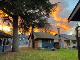 Un barrio residencial con un árbol grande, una mesa de picnic y un edificio con chimenea.