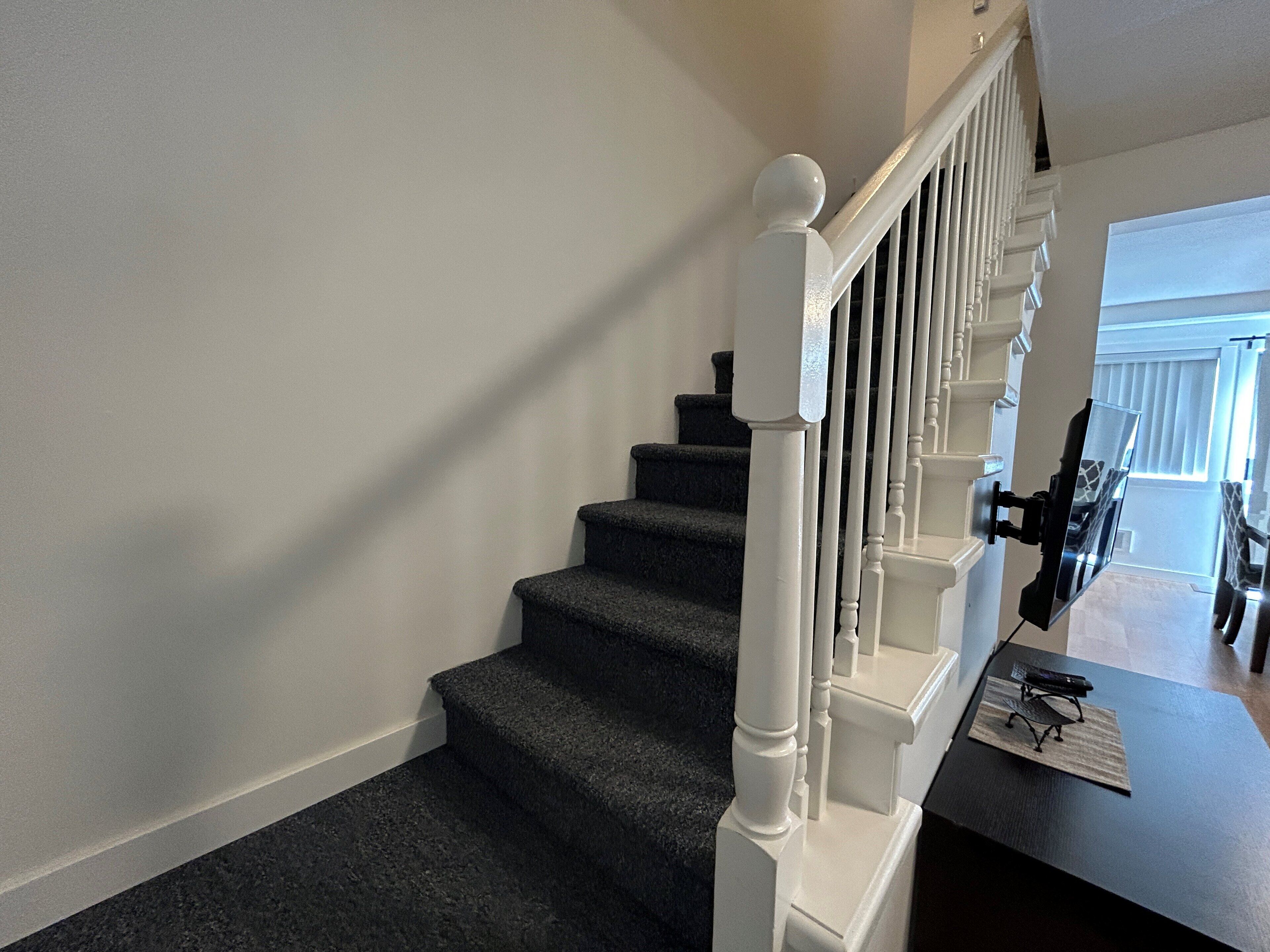 Eine Treppe mit weißen Balustraden und dunklen, teppichbesetzten Stufen.