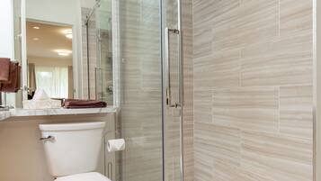 A modern bathroom with a glass shower enclosure, a toilet, and a sink with a mirror above.